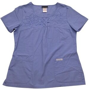 Cherokee‎ Floral Scrub Top Medical Uniform Short Sleeve Blue Women Small